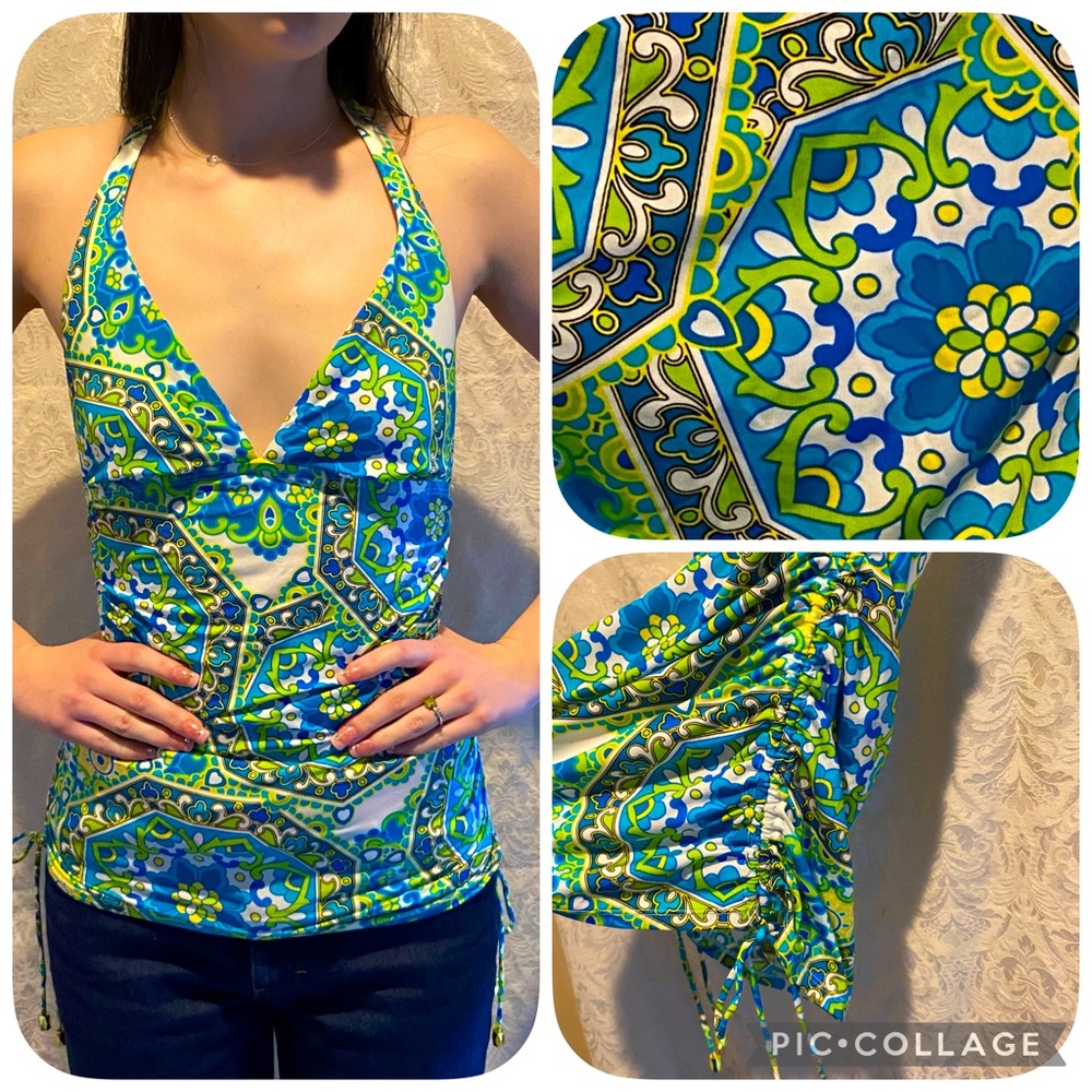 JANTZEN Bikini Tankini Top Halter Ruched Long XS/S Bathing Swim Suit Mandala